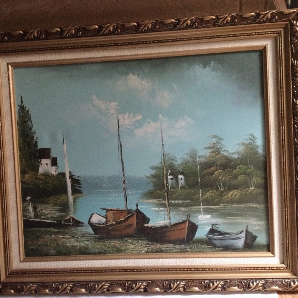 Framed Original art painting on Canvas signed with nice frame landscape boat